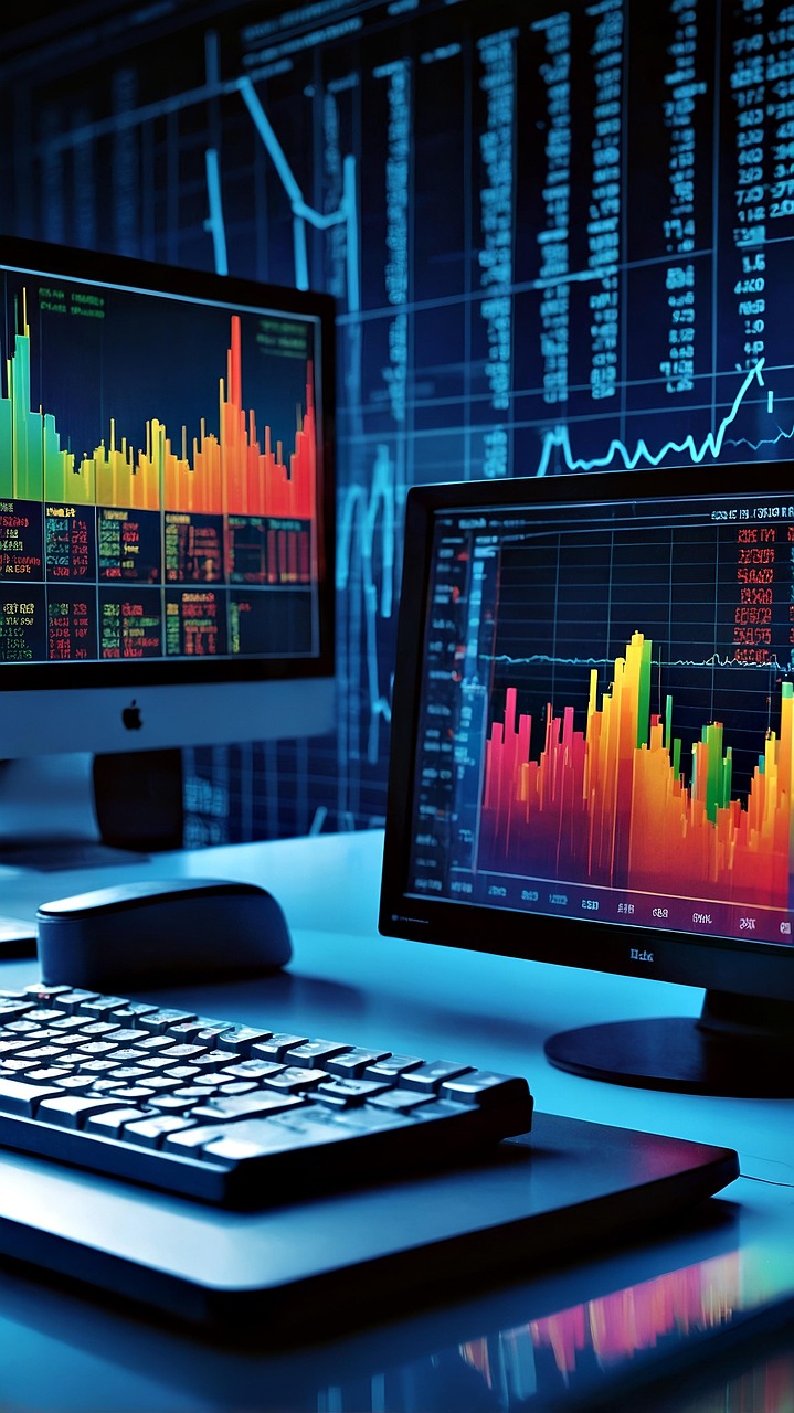 keyboard in front of monitors depicting financial analysis